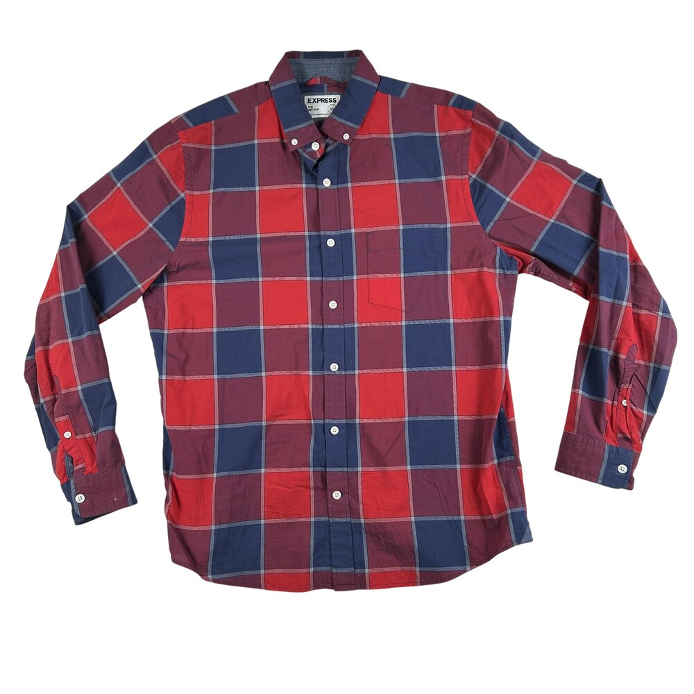 Express Shirt Mens Medium Red Blue Plaid Long Sleeve Button Down Slim Fit Casual